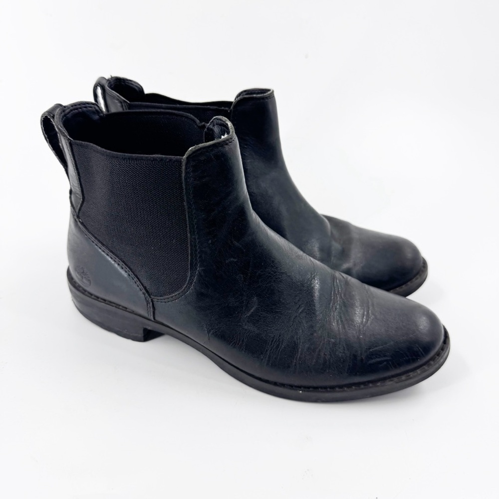 ✅ TIMBERLAND A1KHL Shoes SIZE 7 Black Leather Boots Side Panels Pull On MidTop